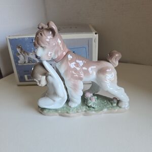 Lladro Porcelain Dog and Child Figurine - Pink, White, Green